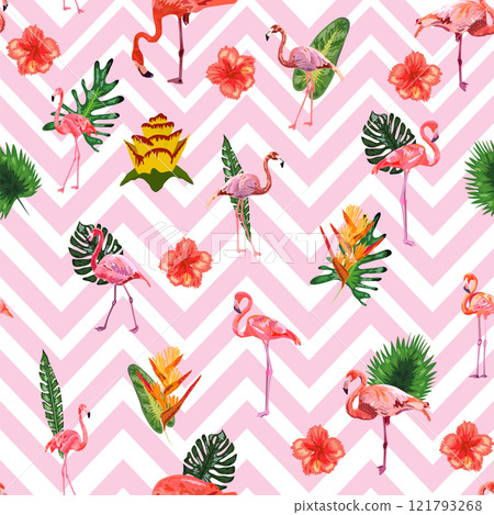 Fashionable zigzag print with flamingos and tropical leaves 121793268