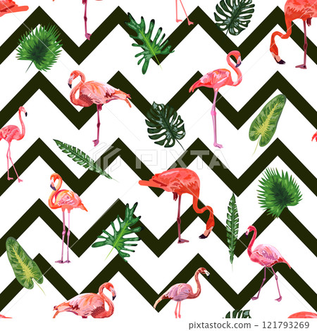 Fashionable zigzag print with flamingos and tropical leaves 121793269