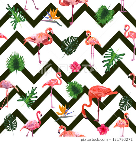 Fashionable zigzag print with flamingos and tropical leaves Fashionable zigzag print with flamingos and tropical leaves 121793271