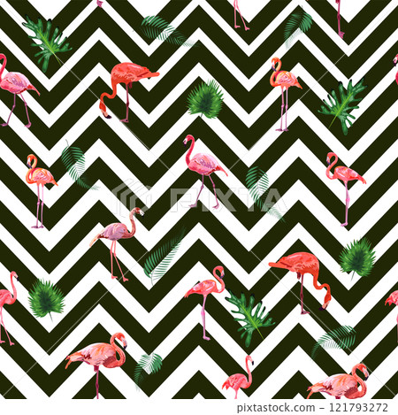 Fashionable zigzag print with flamingos and tropical leaves 121793272