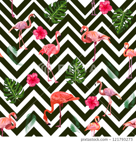 Fashionable zigzag print with flamingos and tropical leaves 121793273