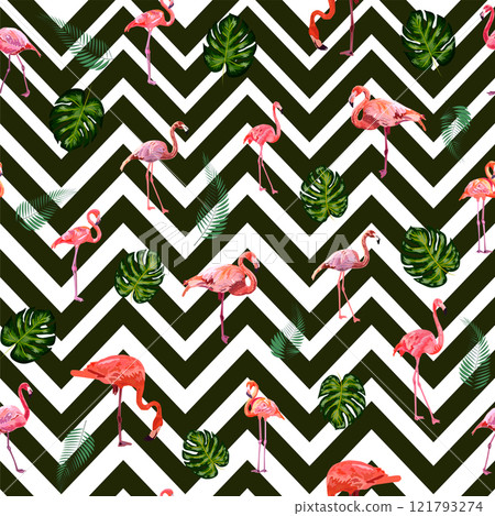 Fashionable zigzag print with flamingos and tropical leaves Fashionable zigzag print with flamingos and tropical leaves 121793274