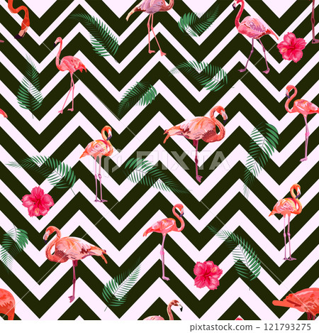 Fashionable zigzag print with flamingos and tropical leaves 121793275