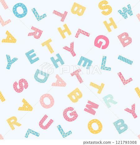 ABC seamless pattern in simple cartoon style. Cute alphabet print - hand drawn childish seamless pattern design ABC seamless pattern in simple cartoon style. Cute alphabet print - hand drawn childish seamless pattern design 121793308
