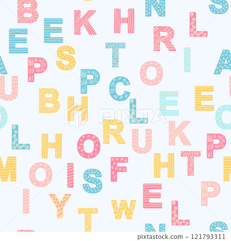 ABC seamless pattern in simple cartoon style. Cute alphabet print - hand drawn childish seamless pattern design 121793311