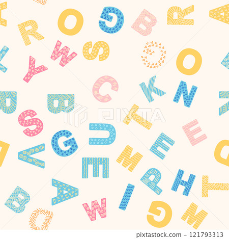 ABC seamless pattern in simple cartoon style. Cute alphabet print - hand drawn childish seamless pattern design 121793313