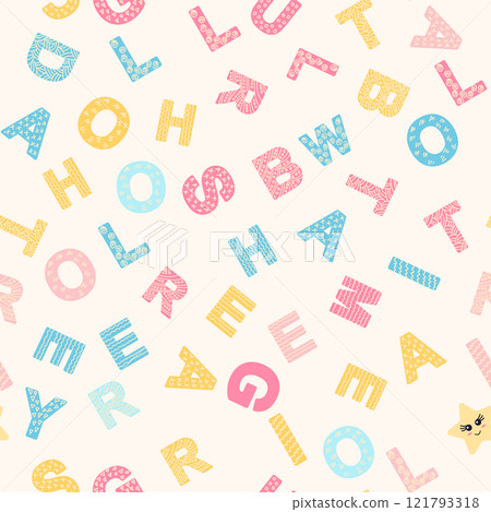 ABC seamless pattern in simple cartoon style. Cute alphabet print - hand drawn childish seamless pattern design 121793318