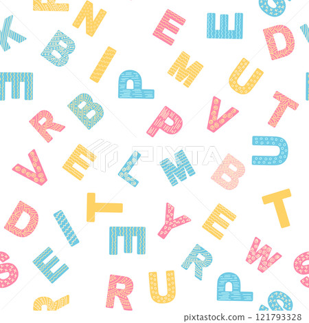 ABC seamless pattern in simple cartoon style. Cute alphabet print - hand drawn childish seamless pattern design 121793328