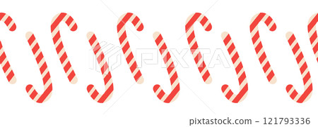 Merry Christmas seamless horizontal banner with candy cane, gingerbread, Christmas boot, flat illustration. 121793336