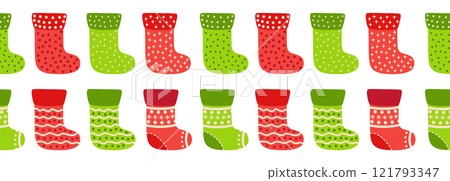 Merry Christmas seamless horizontal banner with candy cane, gingerbread, Christmas boot, flat illustration. 121793347