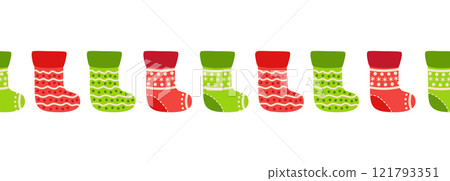 Merry Christmas seamless horizontal banner with candy cane, gingerbread, Christmas boot, flat illustration. Merry Christmas seamless horizontal banner with candy cane, gingerbread, Christmas boot, flat illustration. 121793351