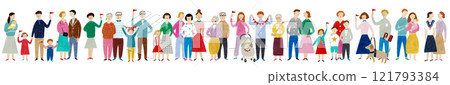 許多人的手繪插圖，年輕人和老年人，男人和女人 121793384