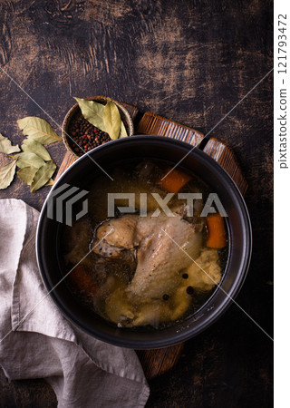 Chicken broth soup or bouillon in pan Chicken broth soup or bouillon in pan 121793472