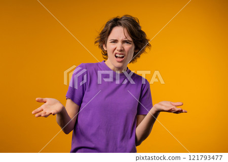 Angry Woman Asking What Are You Crazy, Mad. Quarreling, Showing Question Gesture 121793477
