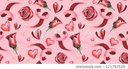 Valentine's Day seamless pattern with red roses and hearts. Hand drawn seamless background. Watercolor ribbon. Digital Paper. PInk 121793529