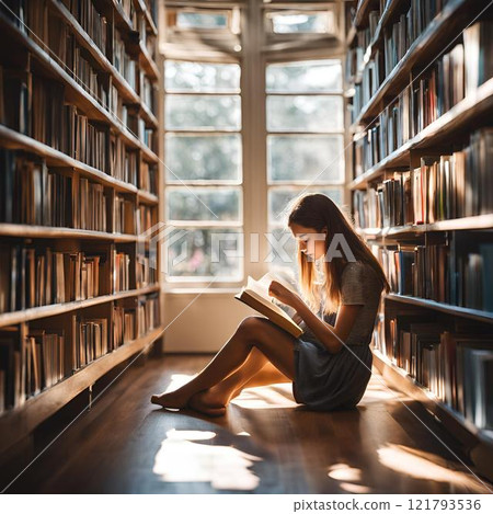 Woman sitting on the floor reading a book 121793536