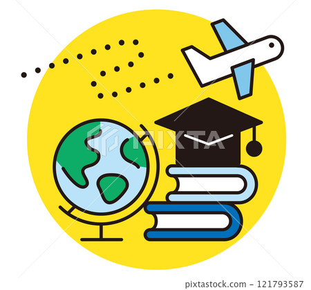 Vector material related to global education and studying abroad. Illustrations with globes, books, and airplanes. 121793587