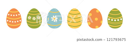 Set of colorful easter eggs in yellow, green, blue and orange colors. Decorated eggs with stripes, polka dots and daisies. Spring holiday. Vector flat illustration isolated on white background Set of colorful easter eggs in yellow, green, blue and orange colors. Decorated eggs with stripes, polka dots and daisies. Spring holiday. Vector flat illustration isolated on white background 121793675