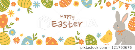 Happy Easter horizontal banner with colorful eggs, flowers, branches, rabbit and chick. Spring holiday design with cute elements in pastel colors. Vector flat illustration for poster, greeting card 121793676