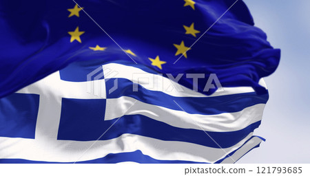 Close-up of Greece national flag an the European Union flag waving in the wind 121793685