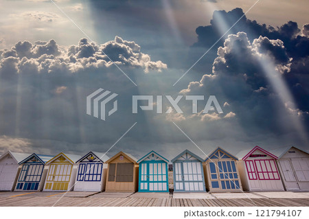Colorful beach huts in Cayeux, Normandy, France 121794107