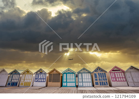Colorful beach huts in Cayeux, Normandy, France 121794109