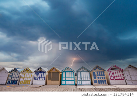 Colorful beach huts in Cayeux, Normandy, France Colorful beach huts in Cayeux, Normandy, France 121794114