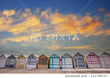 Colorful beach huts in Cayeux, Normandy, France 121794117