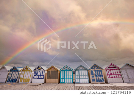 Colorful beach huts in Cayeux, Normandy, France 121794119