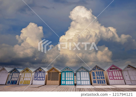 Colorful beach huts in Cayeux, Normandy, France 121794121