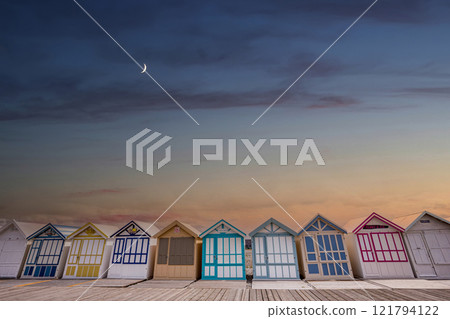 Colorful beach huts in Cayeux, Normandy, France Colorful beach huts in Cayeux, Normandy, France 121794122