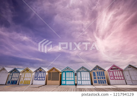 Colorful beach huts in Cayeux, Normandy, France 121794129
