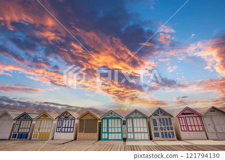 Colorful beach huts in Cayeux, Normandy, France 121794130