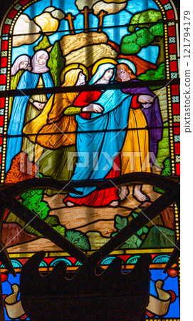 windows of notre dame de grace, Honfleur, normandy, france 121794179