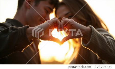 a young couple creating a heart shape with their hands 121794250