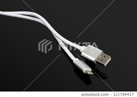 Silver USB Charging Cable on Black Background 121794417