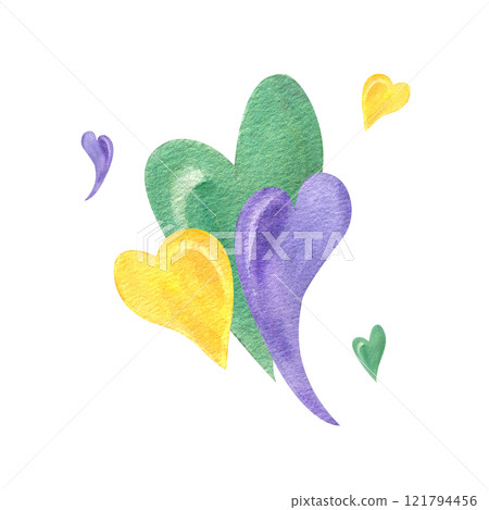 Watercolor carnival decorative yellow, green, purple hearts illustration. Three bright colorful curving heart composition for greeting template, web design, holiday poster Watercolor carnival decorative yellow, green, purple hearts illustration. Three bright colorful curving heart composition for greeting template, web design, holiday poster 121794456