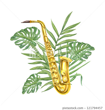 Watercolor shiny brass saxophone among tropical leaves illustration. Wind brass musical instrument, monstera, palm leaf in realistic style. Music composition for jazz festival design, education cards Watercolor shiny brass saxophone among tropical leaves illustration. Wind brass musical instrument, monstera, palm leaf in realistic style. Music composition for jazz festival design, education cards 121794457