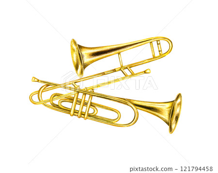 Watercolor intertwined musical classical brass trumpet and trombone illustration. Hand painted jazz metallic golden instrument composition for your design. Side view. For educate greeting cards Watercolor intertwined musical classical brass trumpet and trombone illustration. Hand painted jazz metallic golden instrument composition for your design. Side view. For educate greeting cards 121794458