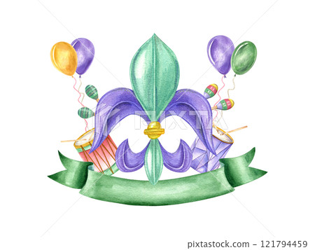 Watercolor Mardi gras fleur de lis symbol with balloons, musical instruments and green banner for text illustration. Carnival emblem for New Orleans parade invitation, greeting card 121794459