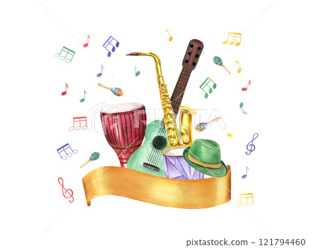 Music wind and percussion instruments, green hat, flying musical notes and golden banner for text. Saxophone, string guitar, djembe, drum, and Fat Tuesday attribute. For invitation cards, flyer design 121794460