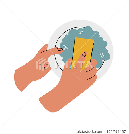 The concept of washing dishes. Gloved hands wash the dishes. 121794467