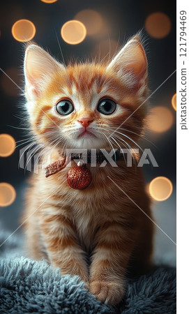 Curious orange kitten gazes with wonder in soft lighting. Generative AI 121794469