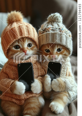 Kittens in cozy outfits holding smartphones. Generative AI Kittens in cozy outfits holding smartphones. Generative AI 121794493