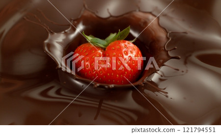 Closeup of Whole Strawberry Falling into Hot Melted Chocolate. Splashing in Wavy Shapes. Closeup of Whole Strawberry Falling into Hot Melted Chocolate. Splashing in Wavy Shapes. 121794551