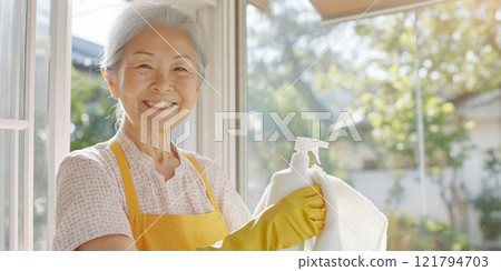 Elderly Asian woman holding cleaning supplies with cheerful expression, spring cleaning concept background 121794703