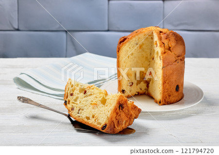 Panettone, sweet bread with raisins, top view 121794720
