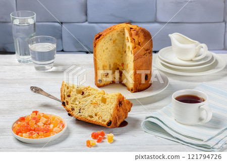 Panettone, sweet bread with raisins, top view Panettone, sweet bread with raisins, top view 121794726