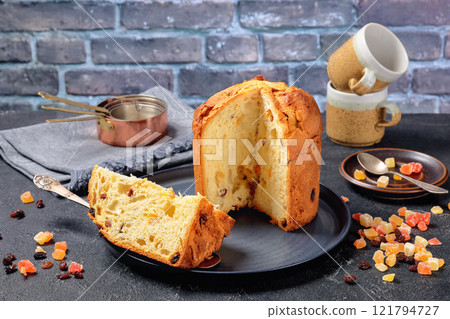 Panettone, sweet bread with raisins, top view Panettone, sweet bread with raisins, top view 121794727