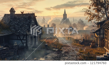 Village At Dawn A Photorealistic Image Of A Medieva Village At Dawn A Photorealistic Image Of A Medieva 121794760